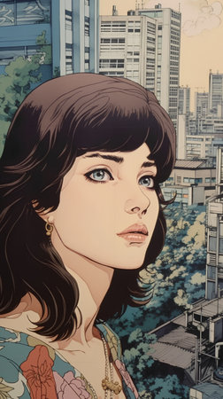 Portrait of a beautiful young woman on the background of the cityの素材