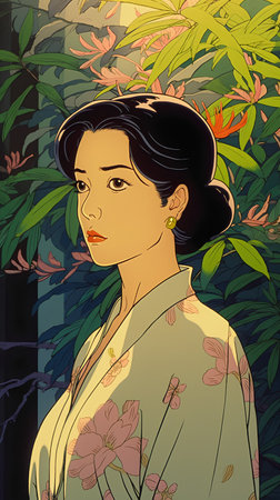 Beautiful woman in kimono in the jungle. Vector illustration.の素材
