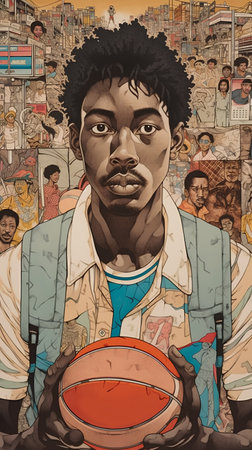 African american man with a rugby ball on the background of the cityの素材