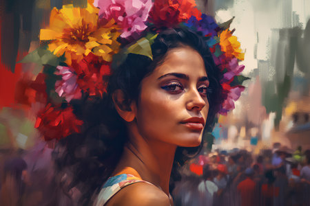 Portrait of a beautiful young woman with flowers in her hair.の素材