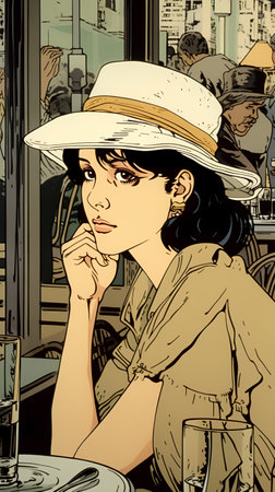 Illustration of a girl in a hat sitting at a table in a cafeの素材
