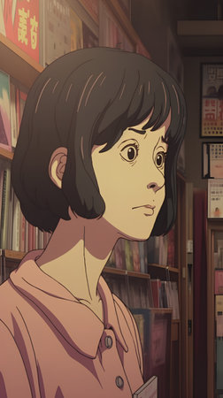 portrait of a young woman in a bookstore, looking at the cameraの素材
