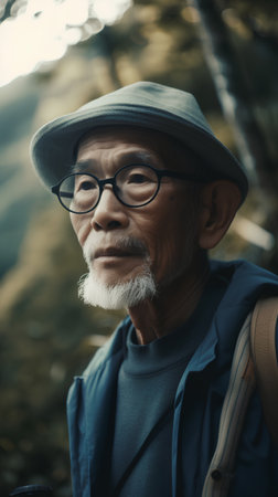 Portrait of an old man with a backpack in the forest.の素材