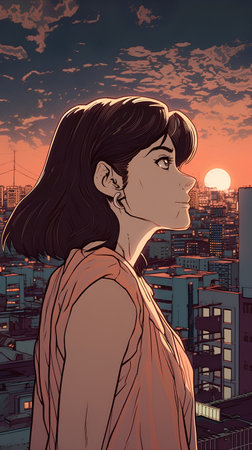 illustration of a beautiful woman on the background of the city at sunsetの素材