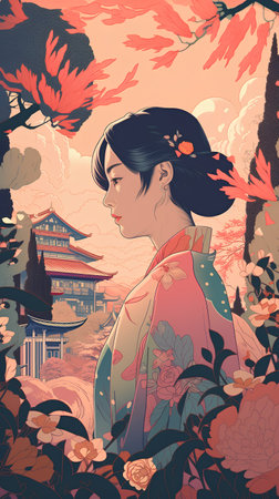 Illustration of a girl in a Japanese traditional costume with a lot of flowersの素材