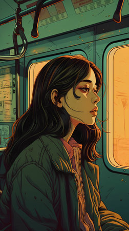 Beautiful girl in a train. Vector illustration of a girl in a train.の素材
