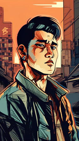 Vector illustration of a young man in the city. Urban scene.の素材