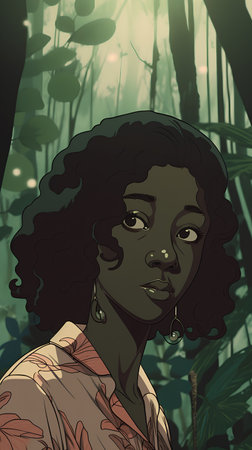 Beautiful african american woman in the jungle. Vector illustration.の素材