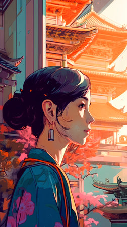 Korean woman in kimono on the street of old townの素材