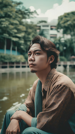 Portrait of a young Asian man sitting in the park. Selective focus.の素材