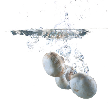 White Mushrooms Dropping Into Waterの写真素材