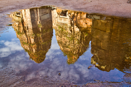 Reflections in flooded yard of Angkor Wat in Siem Reap, Cambodiaの写真素材
