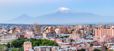 City skyline of Yerevan, Armenia at sunrise, with Mt Ararat in backgroundの写真素材