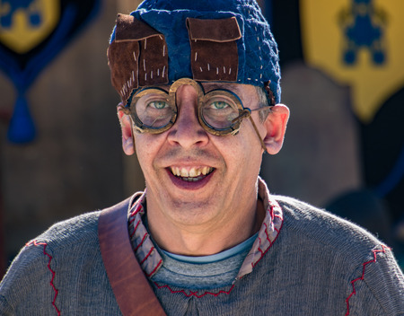 Penedono, Portugal - July 1, 2017: Man wear Medieval eye glasses at the Feira Medieval de Penedonoのeditorial素材