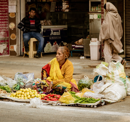 New Dehli, India, Feb 19, 2018: Woman sells fruits from tarp on ground in Indiaのeditorial素材