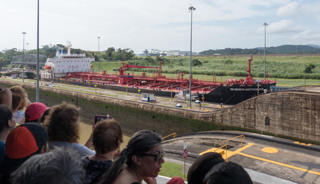 Panama Canal, Panama, Dec 5, 2017 - Audience watches as ship is moved through the Panama Canalのeditorial素材