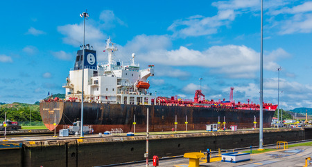 Panama Canal, Panama, Dec 5, 2017 - Freighter ship passes through Panama Canalのeditorial素材