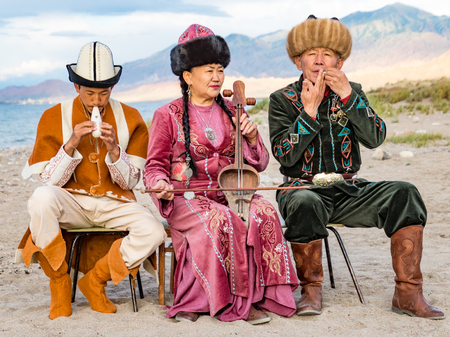Issyk Kul, Kyrgyzstan - May 28, 2017: Musicians play traditional instrumentsのeditorial素材