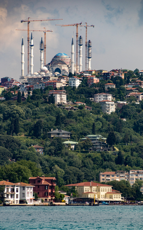 Construction cranes can be seen as mosque is being restored in Istanbul, Turkeyのeditorial素材