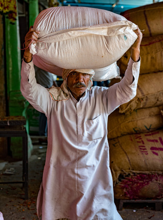 New Delhi, India, Feb 20, 2018 - Man carries large load of grain upon his headのeditorial素材