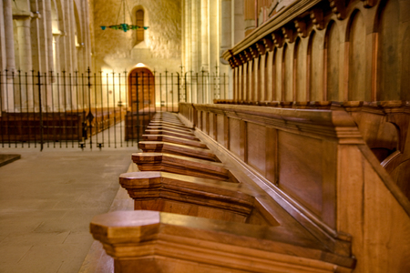 Church pews in monastery in Prolet, Spainのeditorial素材
