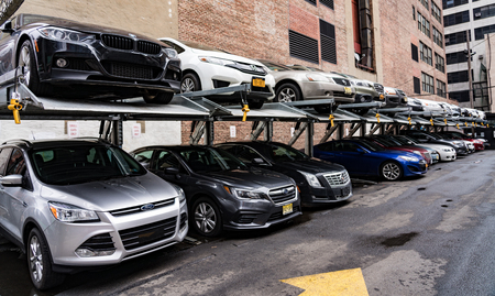 New York, Feb 16, 2018 - Parking garage uses car elevators to pack more into spaceのeditorial素材