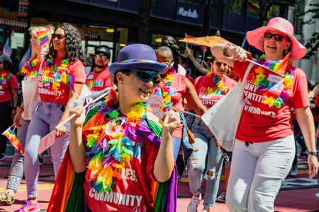 SAN FRANCISCO, CALIFORNIA, JUNE 24, 2018:  GAY PRIDE PARADE - "Many Identities, One Community" group marchesのeditorial素材