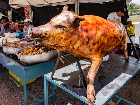 Cuenca, Ecuador / November 2, 2017 - Roast pig and other foods are on display for lunch at a festival in the parkのeditorial素材