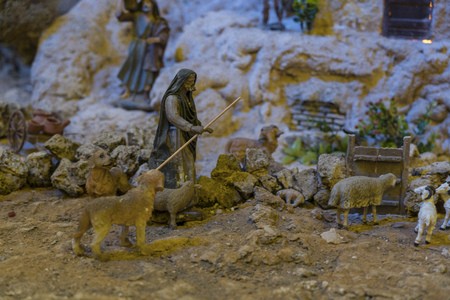 Cuenca, Ecuador - January 3, 2019 - Largest animated nativity scene in South America - shepherd with flockのeditorial素材