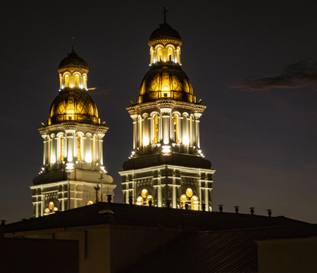 Domingo church in Cuenca, Ecuador at night