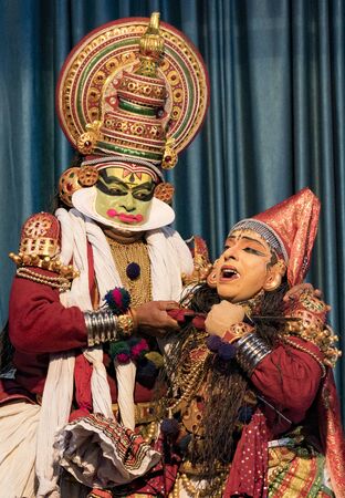 Munnar, India - Mar 11, 2018: A traditional Hindi theater play shows a jealous God being killed in Indiaのeditorial素材