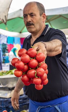 Istanbul, Turkey - May 31, 2016 - Vendor holds out a bunch of tomatoes he is sellingのeditorial素材