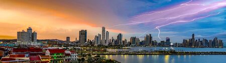 Panama City, Panama, Dec 4, 2017 - PPanama City as sundown with a storm approachingのeditorial素材