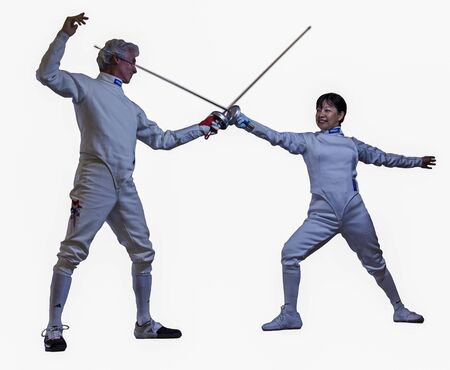 Two fencers demonstrate salute stance on Mar 20, 2011のeditorial素材