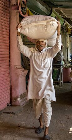 New Delhi, India, Feb 20, 2018 - Man carries large load of grain upon his headのeditorial素材