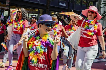 SAN FRANCISCO, CALIFORNIA, JUNE 24, 2018:  GAY PRIDE PARADE -  Many Identities, One Community  group...