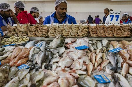 ABU DHABI, UAE, MAR 22, 2018: Man prepares fish for sale at the largest fish market in Abu Dhabiのeditorial素材