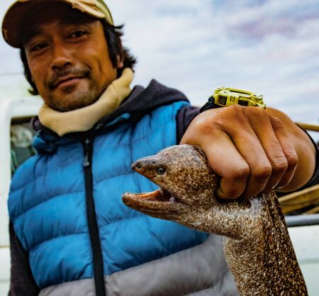 Easter Island, Chile - 2019-07-11 - Fisherman holds moray eel he has just caught.のeditorial素材