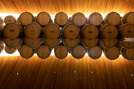 Santiago, Chile - 2019-07-13 - Wine barrels are lined up in display room.のeditorial素材