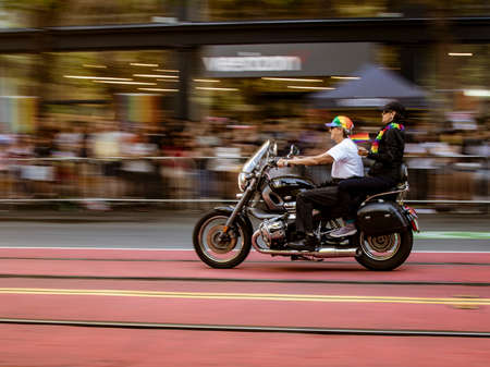 SAN FRANCISCO, CALIFORNIA, JUNE 24, 2018: GAY PRIDE PARADE - Dykes On Bikes lead the parade past blurred audienceのeditorial素材