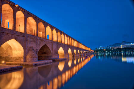 Isfahan, Iran - 2019-04-13 - Sie So Pol Bridge after sunset during blue hour.のeditorial素材