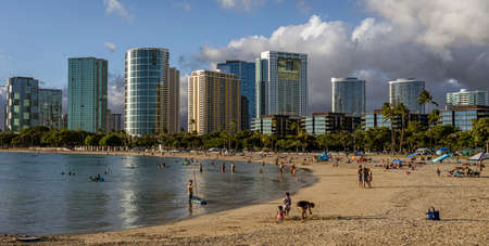 Honolulu, Hawaii - Nov 6, 2021-Waikiki, Honolulu, Hawaii skyline as seen from beach.のeditorial素材