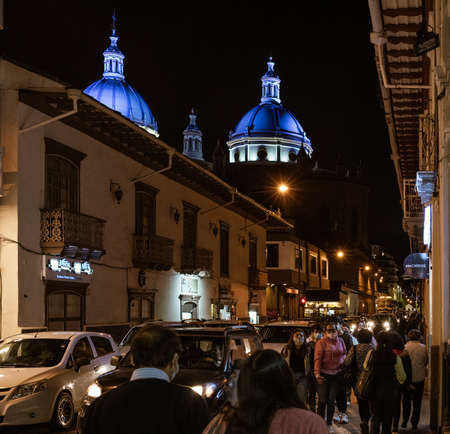Cuenca, Ecuador, Dec 7, 2021 - Domes of the New Cahtedral Catholic Church are illuminated in Cuenca, Ecuador.のeditorial素材