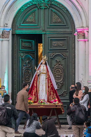 Cuenca, Ecuador, Dec 7, 2021 - The Traveling Child statue is brought out from the church for...
