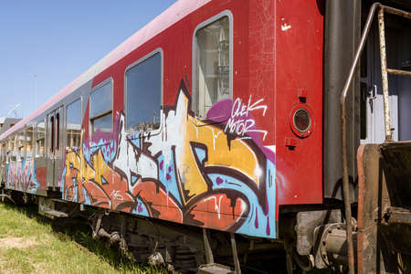 Albania, May 12, 2022 - Railway cars covered with graffiti.