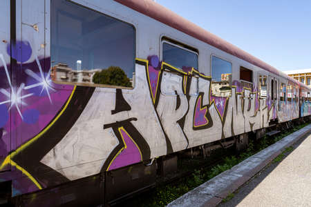 Albania, May 12, 2022 - Railway cars covered with graffiti.の写真素材