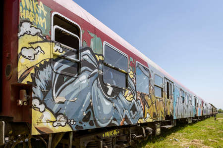 Albania, May 12, 2022 - Railway cars covered with graffiti.の写真素材