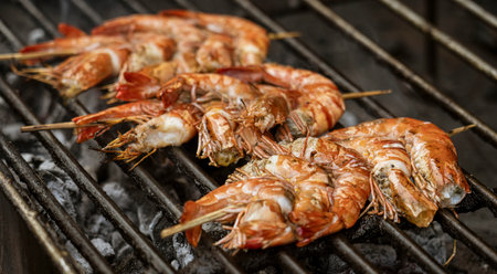 Shrimp on a skewer on a BBQ.の写真素材