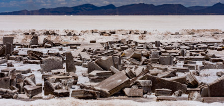 Blocks of salt are cut out of the Salt Flats in Bolivia for use by artists making salt statures.の写真素材