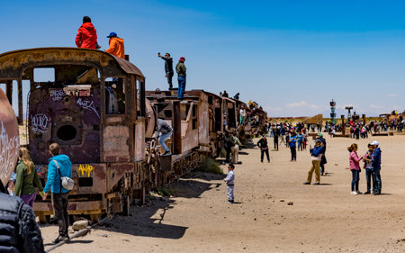 Uyuni, Bolivia, 01182023 - Train Graveyard of the Uyuni Salt Flats has decommisioned trains and freight cars.のeditorial素材
